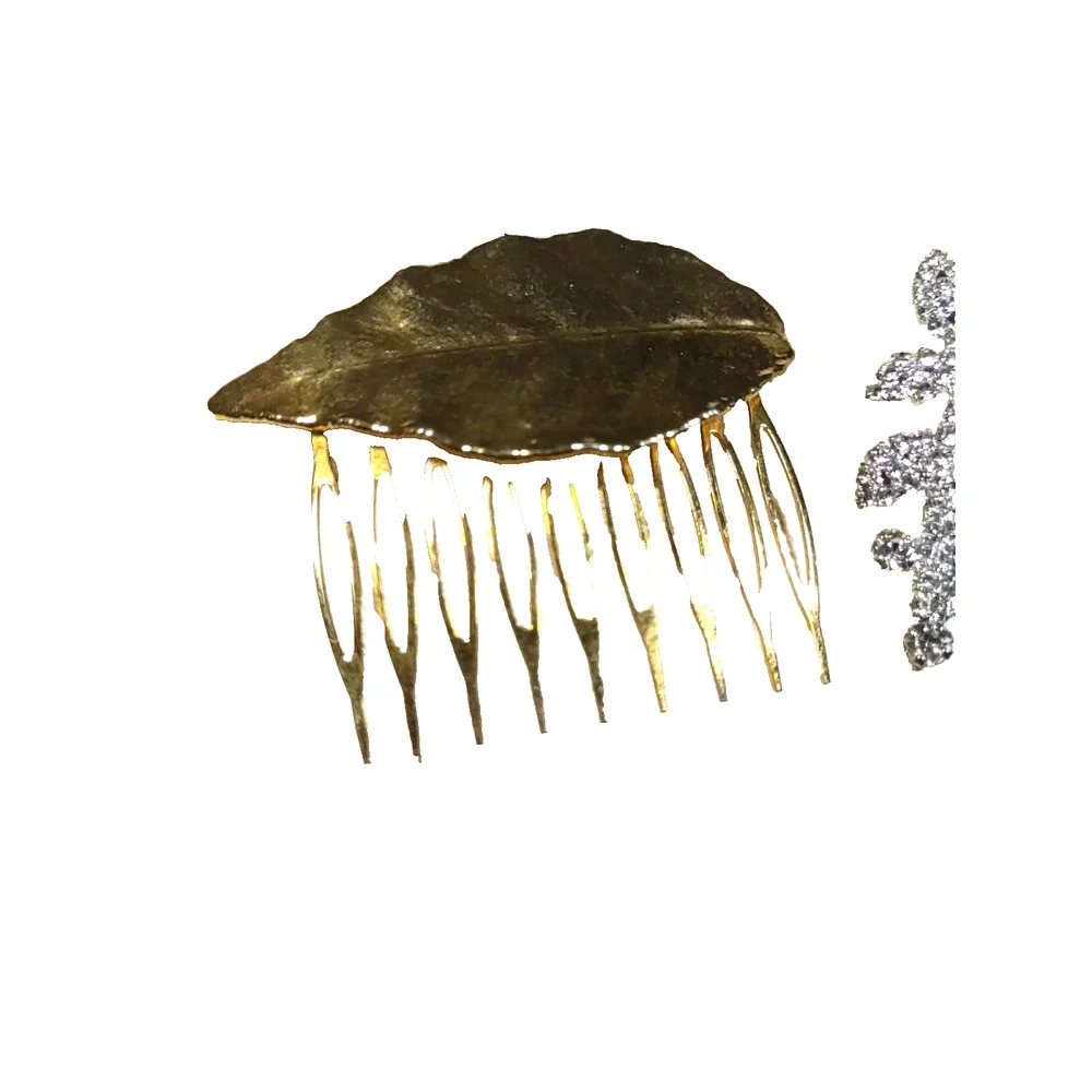 Lot Of 2 Hair Comb Barrettes Gold Tone Leaf Rhinestone Silver Tone Comb